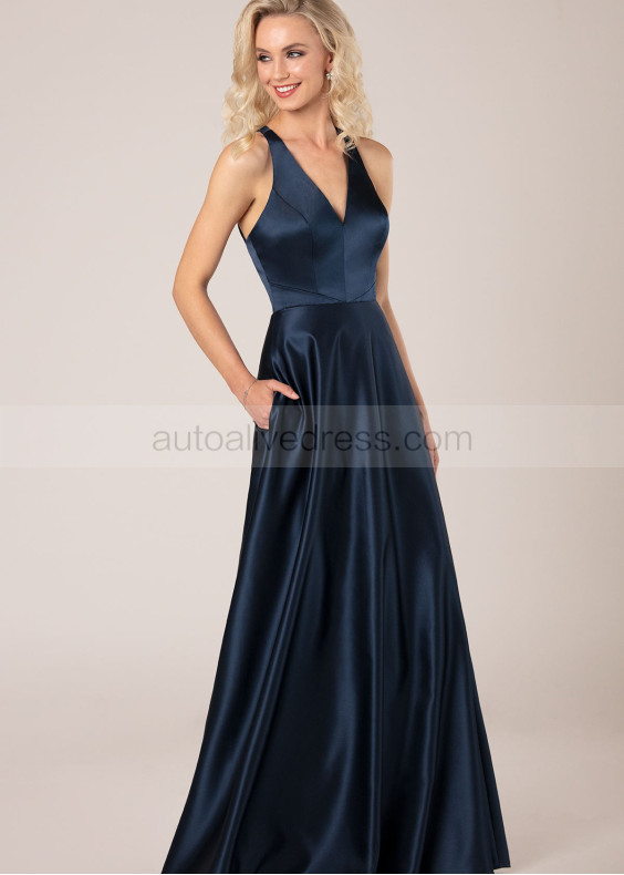 V Neck Navy Blue Satin Bridesmaid Dress